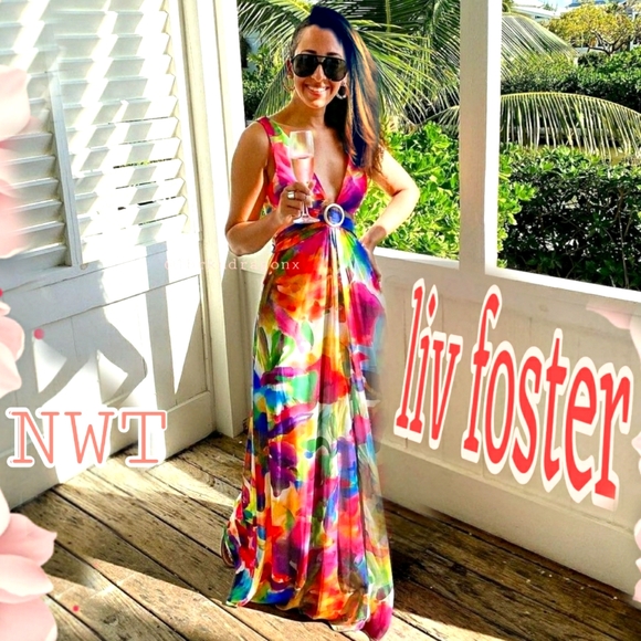 NWT Cut Out Dress Tropical Beach Tye-Die Floral Floor Length Dress A-Line Slit - Picture 6 of 16